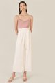 model in theia cowl neck women's camisole top in dust pink and wide leg trousers