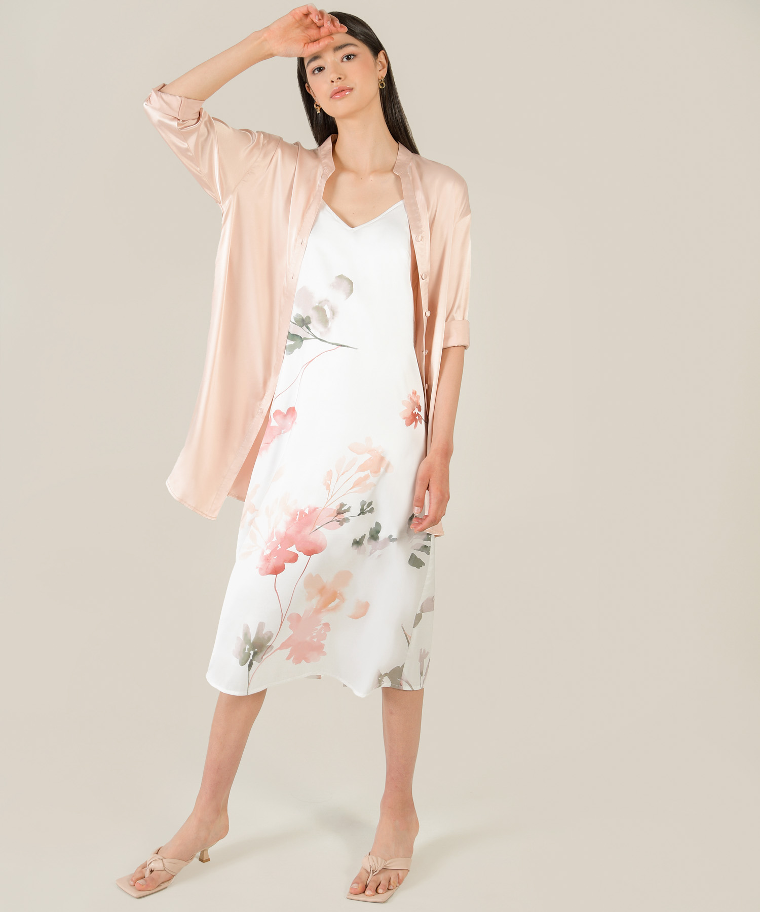 Elysian Pink Satin Shirtdress and White Floral Satin Chemise Women's Dress