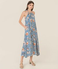 Rena Abstract Floral Halter Maxi in Blue Women's Clothing Online