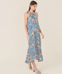Rena Abstract Floral Halter Maxi in Blue Singapore Blogshop Online
