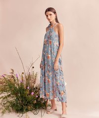 Rena Abstract Floral Halter Maxi in Blue Online Dresses Singapore