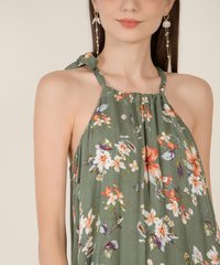 Rena Abstract Floral Halter Maxi in Olive Close Up View