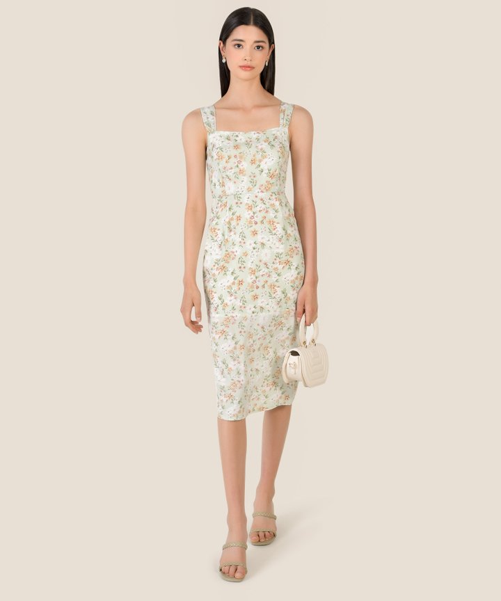 Innerbloom Floral Square Neck Midi Dress - Green Tea