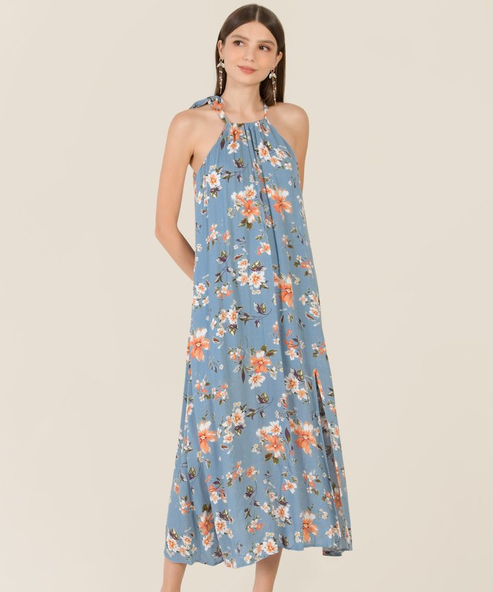 Rena Abstract Floral Halter Maxi - Blue
