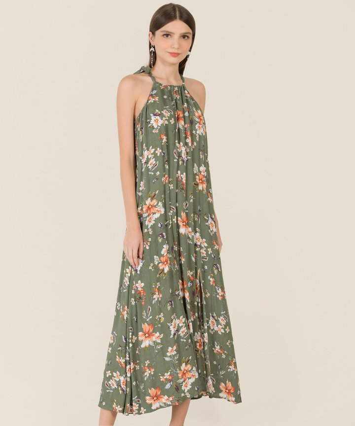 Rena Abstract Floral Halter Maxi - Olive