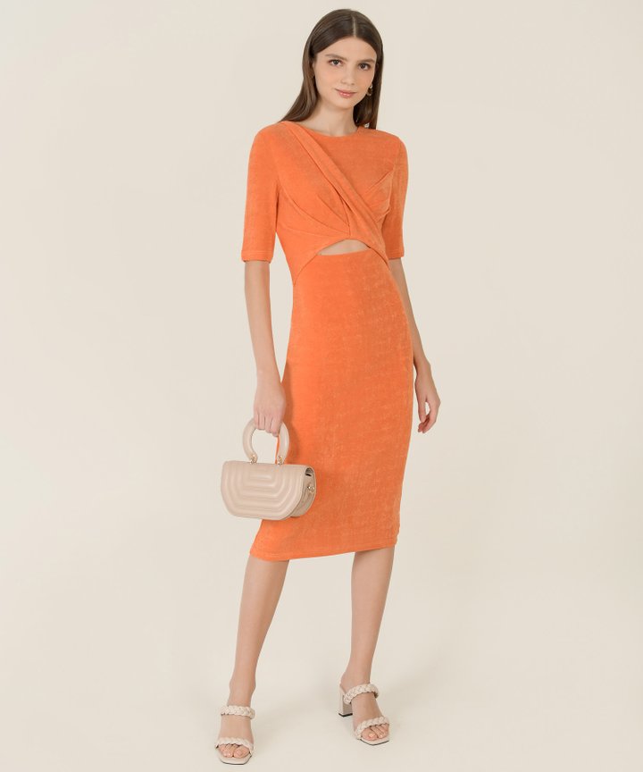 Solene Gathered Cutout Midi Dress - Orange Sherbert
