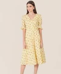 Catalunya Floral Button Down Midi Dress in Yellow Women's Clothing Online