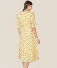 Catalunya Floral Button Down Midi Dress in Yellow Back View