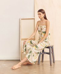 Model wearing Flores Printed Wide Leg Jumpsuit in Ivory