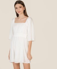 Iman Ruched Pouf Sleeve Dress in White Singapore Blogshop Online