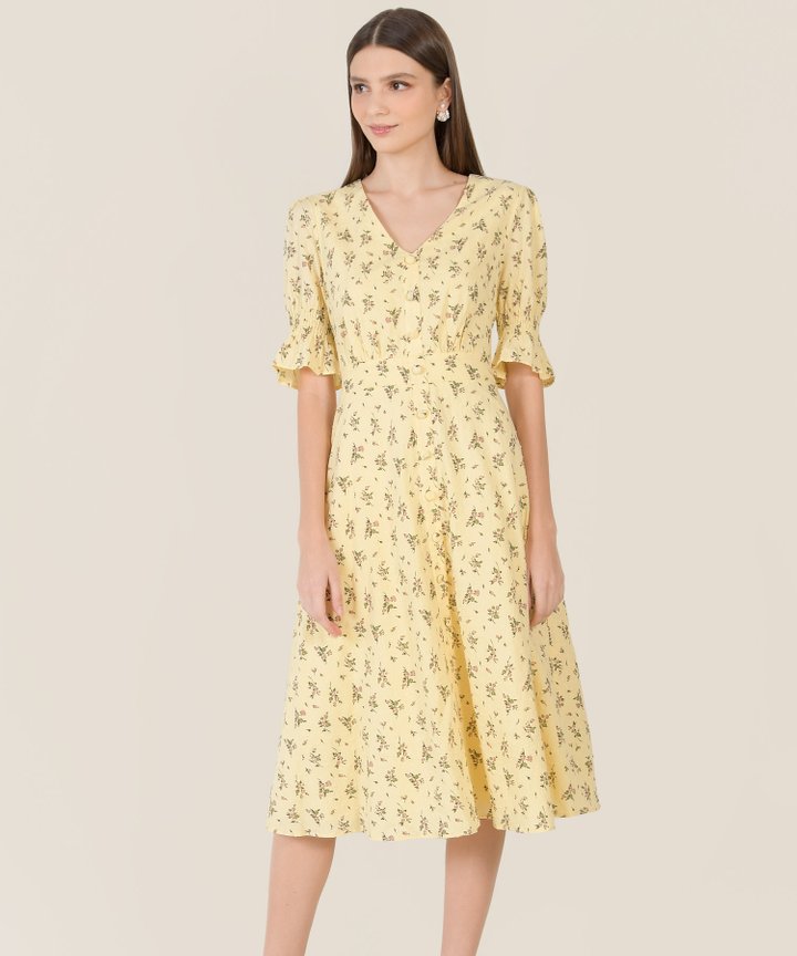 Catalunya Floral Button Down Midi Dress - Canary