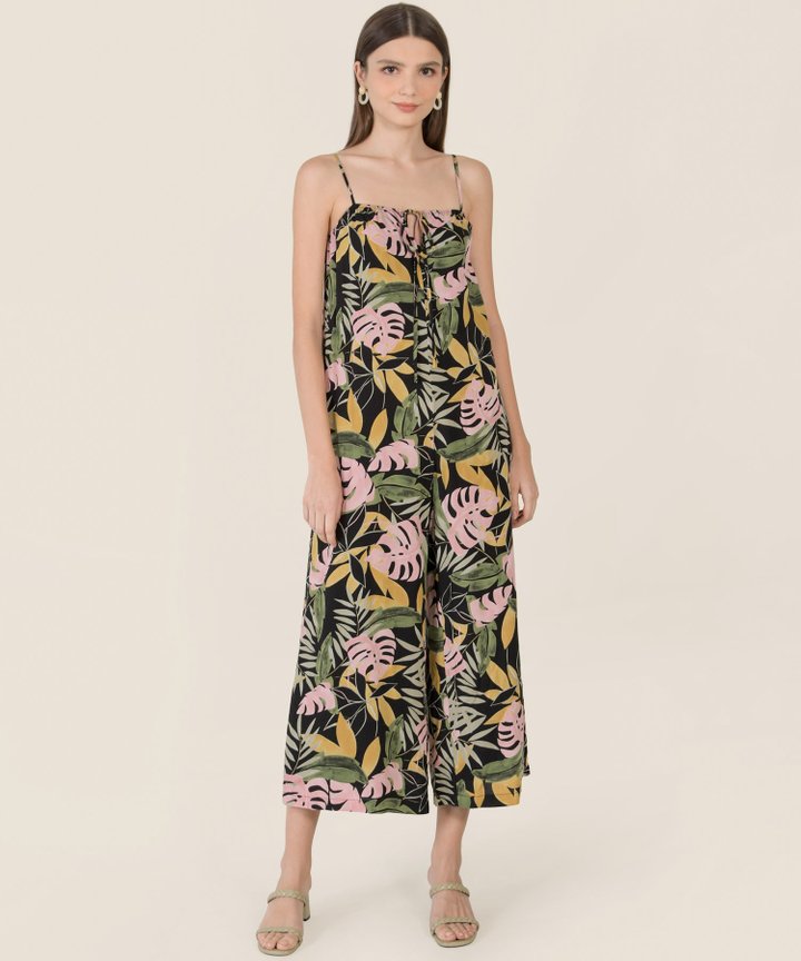 Flores Printed Wide Leg Jumpsuit - Black
