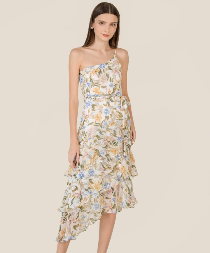 Thessa Floral One Shoulder Ruffle Midaxi Dress - White