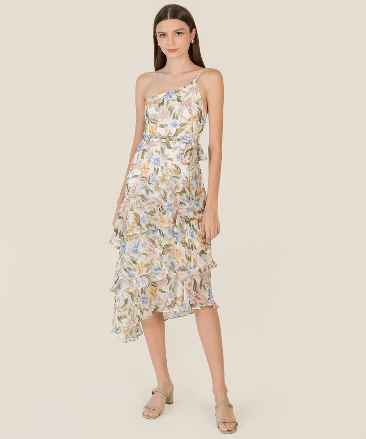 Thessa Floral One Shoulder Ruffle Midaxi Dress - White