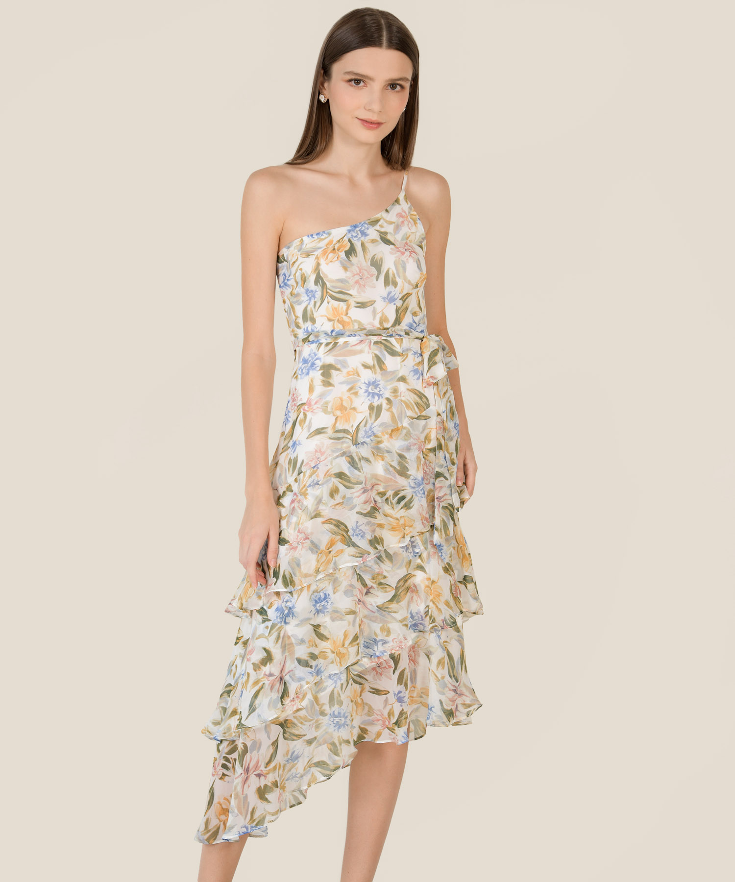 Thessa Floral One Shoulder Ruffle Midaxi in White Women's Dresses Online