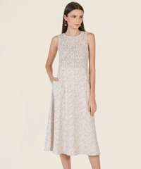 Allaire Floral Smocked Midi Dress in Beige Women's Clothing Online