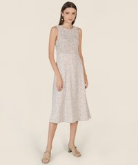 Allaire Floral Smocked Midi Dress in Beige Online Clothes Singapore Shopping