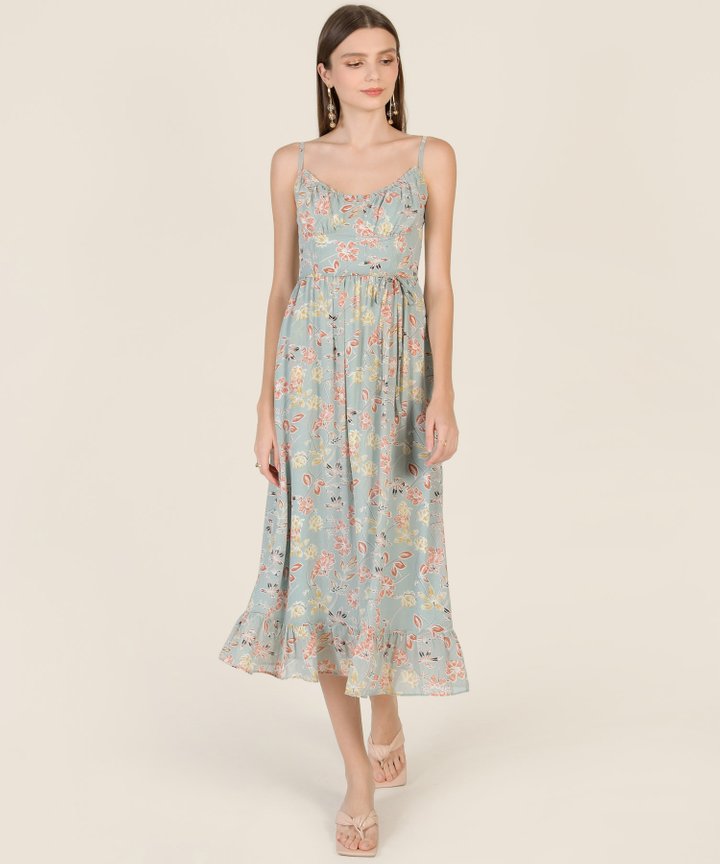 Art Floral Ruffle Midi Dress - Sky Blue