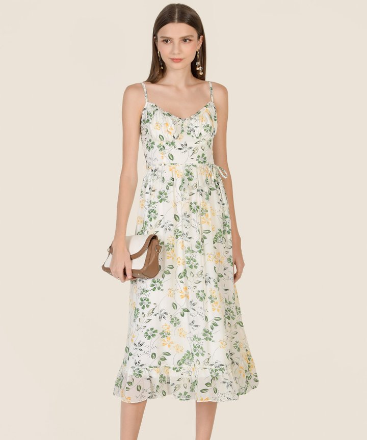 Art Floral Ruffle Midi Dress - White