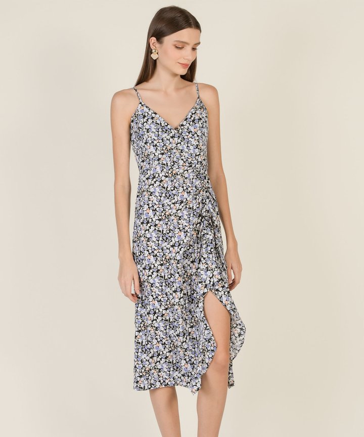 Belina Floral Ruffle Midi Dress - Black