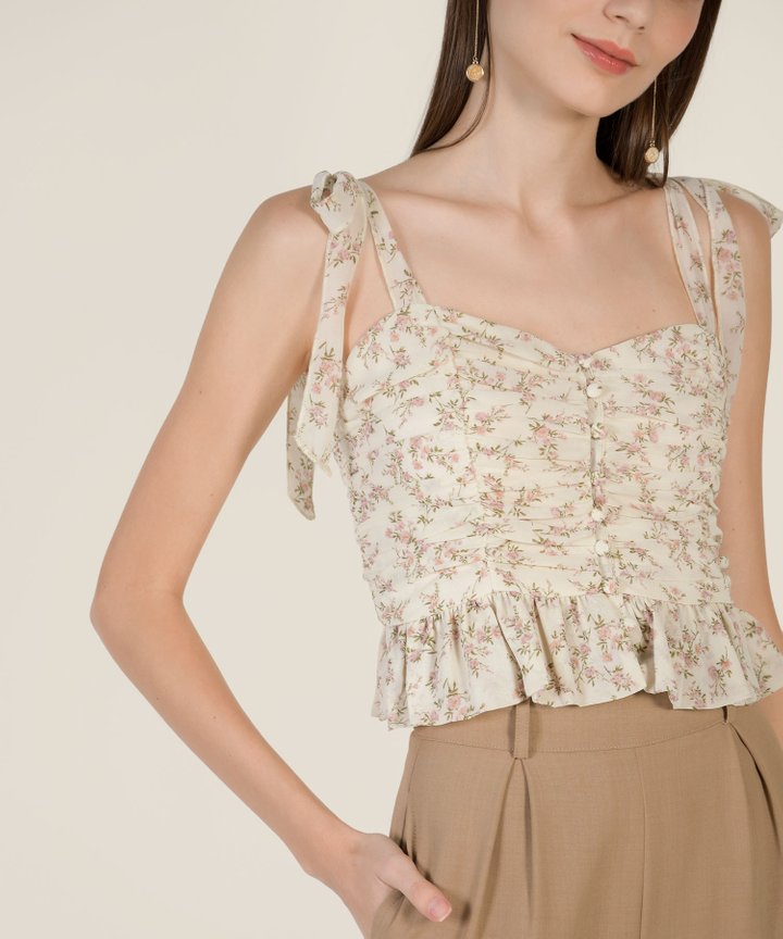 Cupid Floral Tie Shoulder Top - Barley