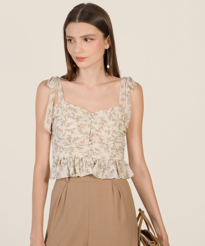 Cupid Floral Tie Shoulder Top - Barley