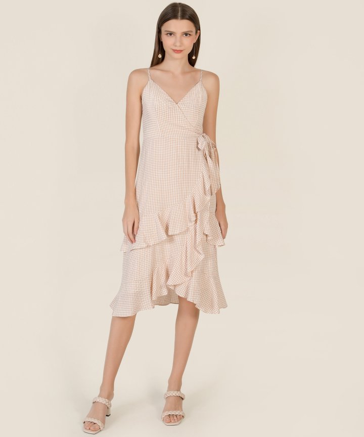 Marisol Gingham Overlay Ruffle Midi Dress - Apricot