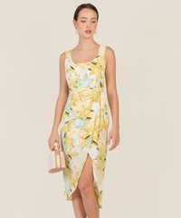Cassa Floral Overlay Midi Dress in Yellow Online Women's Fashion