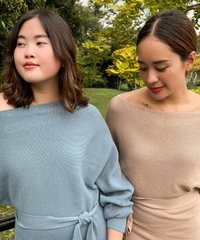 Models in Brill Belted Knit Dress Close Up View