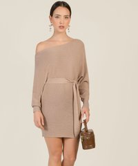 Brill Belted Knit Dress in Rose Beige Smart Casual Women's Wear