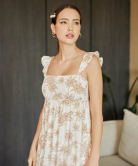 Tullerie Toile Print Smocked Maxi in Tan Online Shopping Dresses Singapore