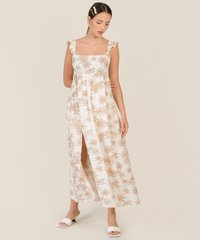 Tullerie Toile Print Smocked Maxi in Tan Online Women's Fashion