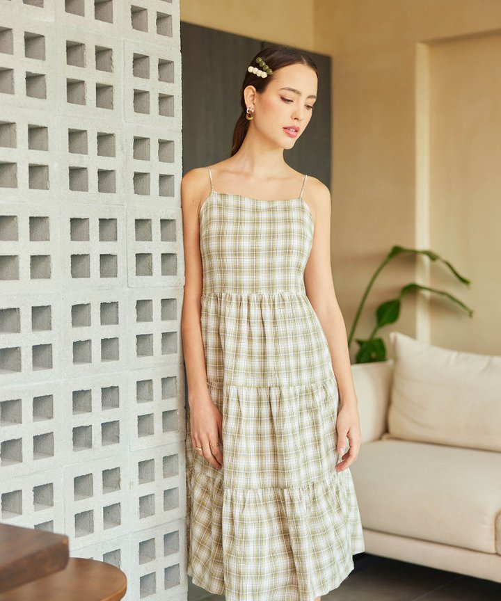 Rumi Summer Plaid Midi Dress - Green