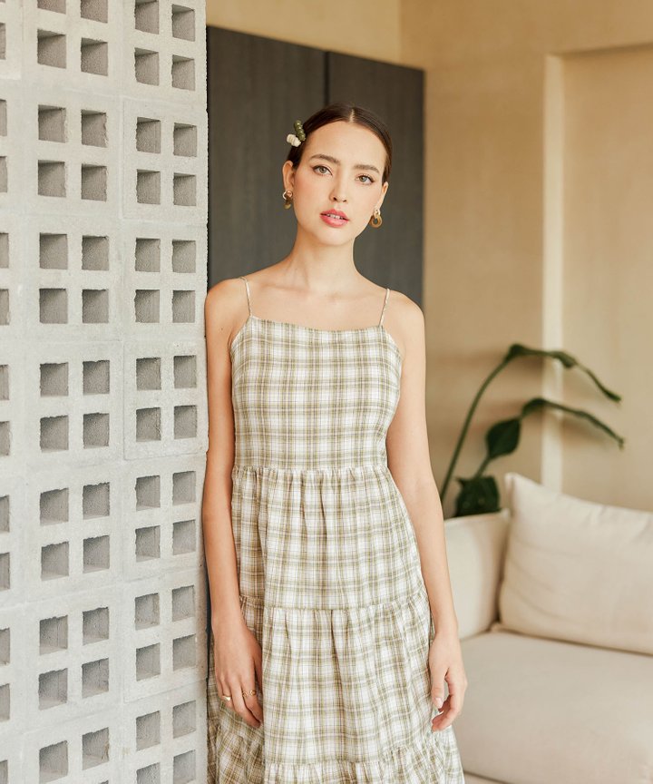 Rumi Summer Plaid Midi Dress - Green