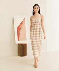 Bonne Checkered Maxi Dress in Honey Beige Women's Clothing Online