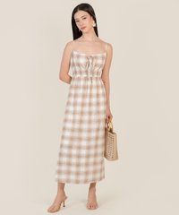 Bonne Checkered Maxi Dress in Honey Beige Online Clothes Singapore Shopping