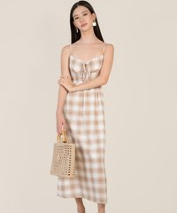 Bonne Checkered Maxi Dress in Honey Beige Office Wear Women Online