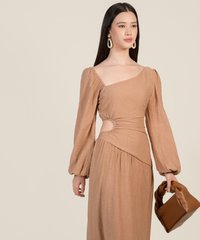 Kismet Cutout Gathered Midi Dress in Rose Beige Online Clothes Singapore Shoppin