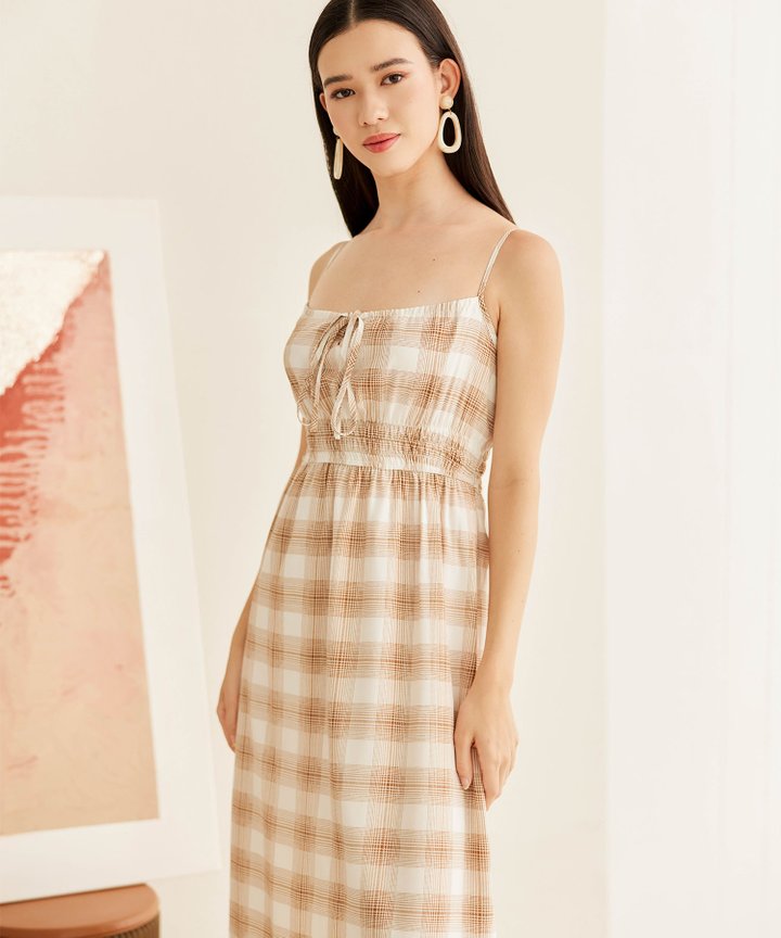 Bonne Checkered Maxi Dress - Honey Beige
