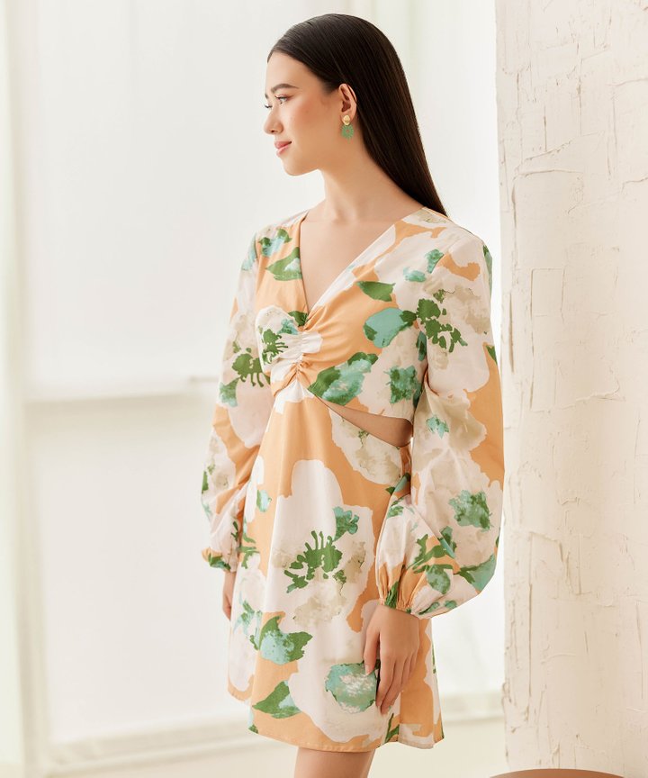 Jeannolin Ruched Cutout Dress - Peachy Darling