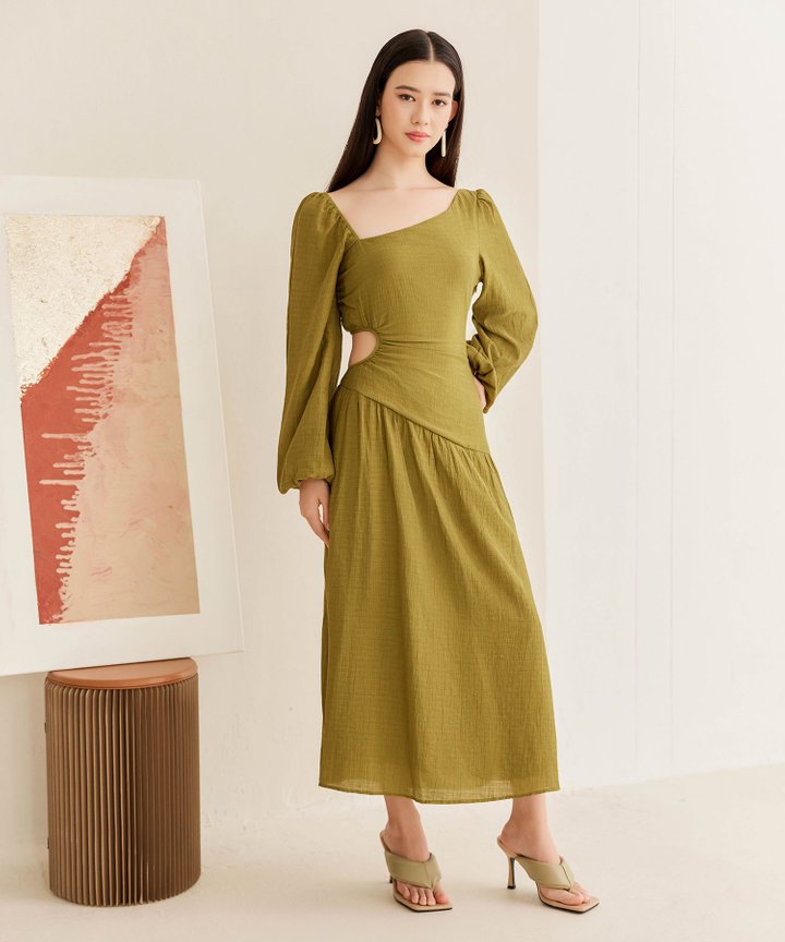 Kismet Cutout Gathered Midi Dress - Calamansi
