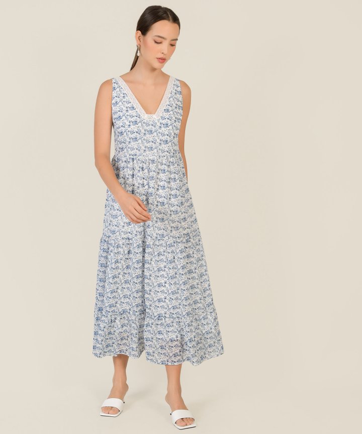 Swansea Floral Crochet Trim Maxi Dress - Blue