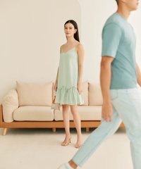 Female model in Abstract Dress and Male Model in Steel Blue Cotton Tee