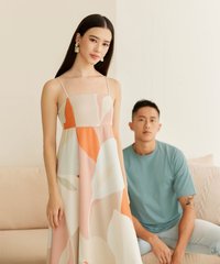 Female model in Abstract Dress and Male Model in Steel Blue Cotton T-shirt