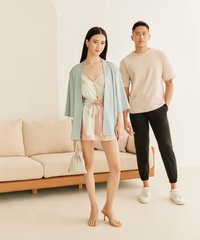 Female model in Abstract Kimono and Male model in Cotton T-shirt