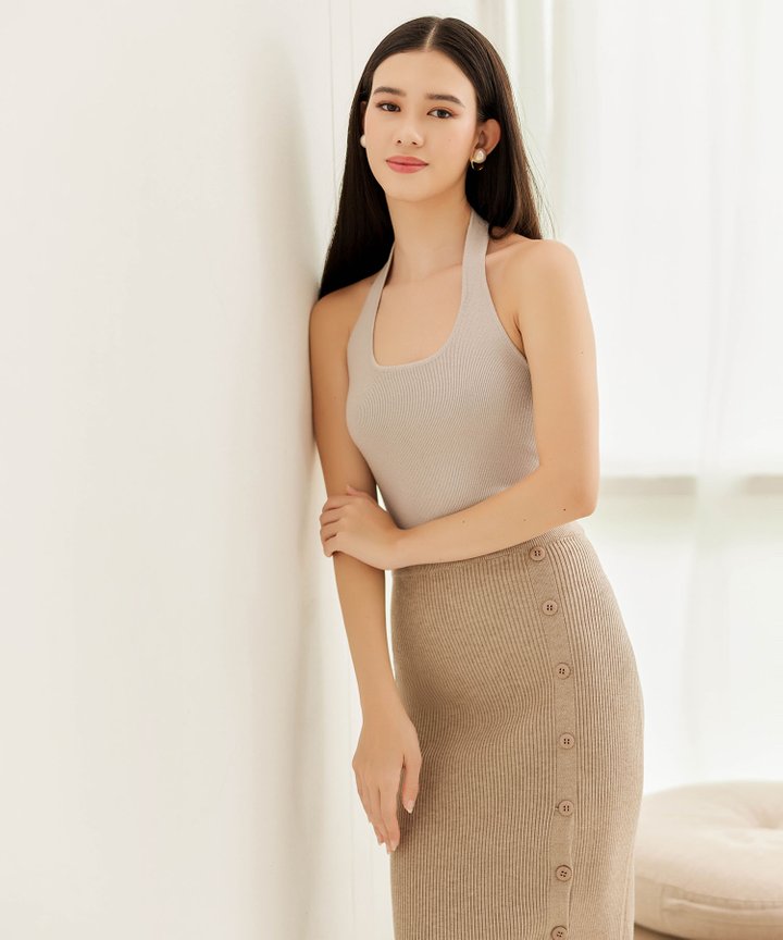 Kira Halter Knit Top - Pebble