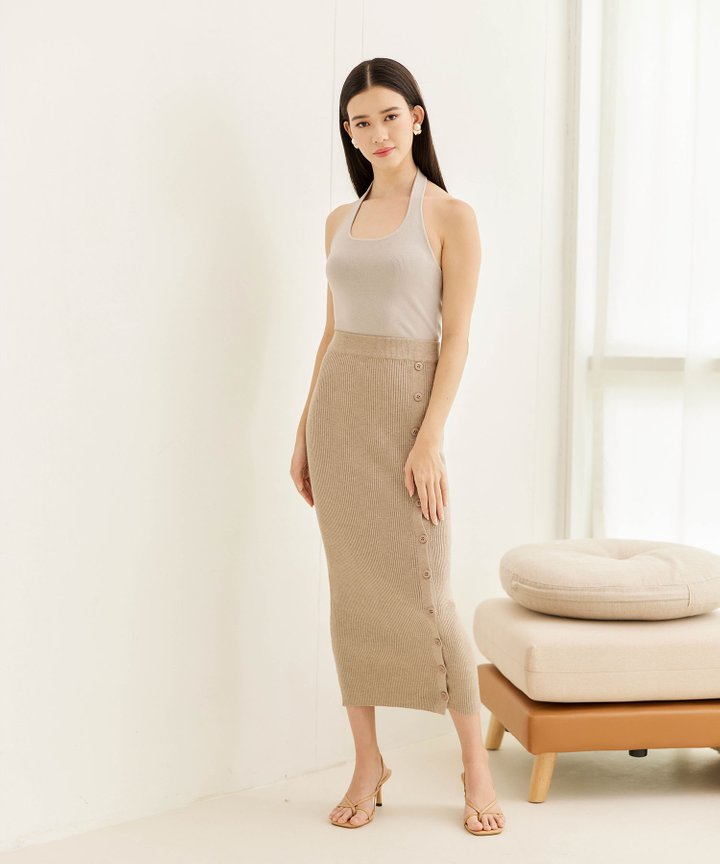 Kira Halter Knit Top - Pebble
