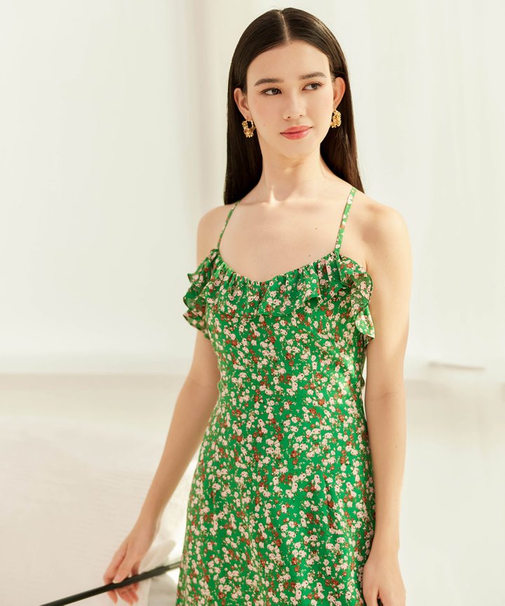 Luna Floral Ruffle Midi - Kelly Green