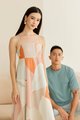 Female model in Abstract Dress and Male Model in Steel Blue Cotton T-shirt