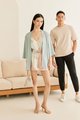 Female model in Abstract Kimono and Male model in Cotton T-shirt
